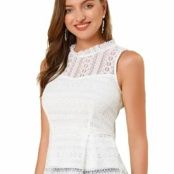 Allegra K Women's Ruffle Neck Keyhole Back Sleeveless Floral Lace Peplum Top