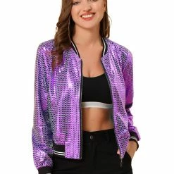 Allegra K Holographic Lightweight Bomber Jacket