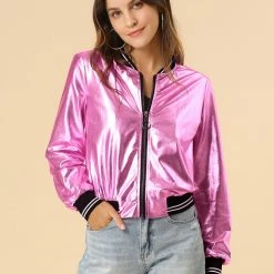 Allegra K Holographic Lightweight Bomber Jacket