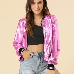Allegra K Holographic Lightweight Bomber Jacket