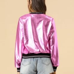 Allegra K Holographic Lightweight Bomber Jacket