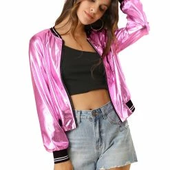 Allegra K Holographic Lightweight Bomber Jacket