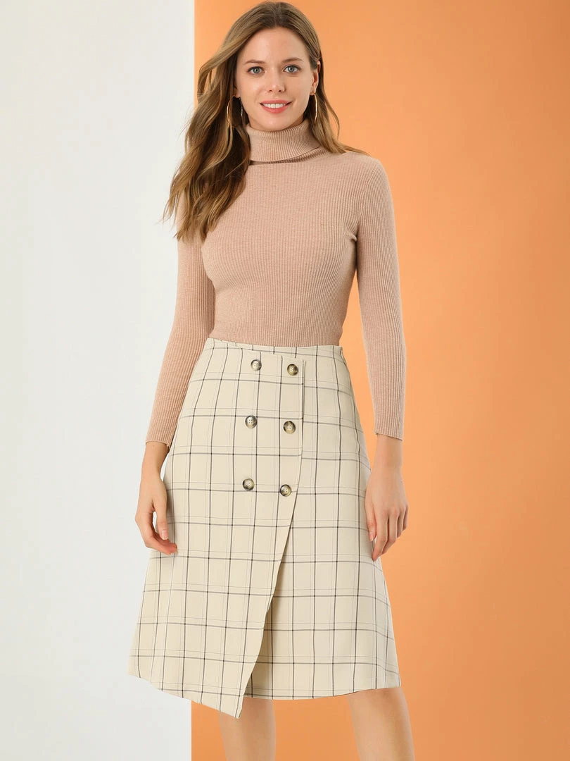 Allegra K Women's Plaid Vintage Faux Wrap Buttons Front Midi High Waist Skirt 5 Allegra K Women's Plaid Vintage Faux Wrap Buttons Front Midi High Waist Skirt
