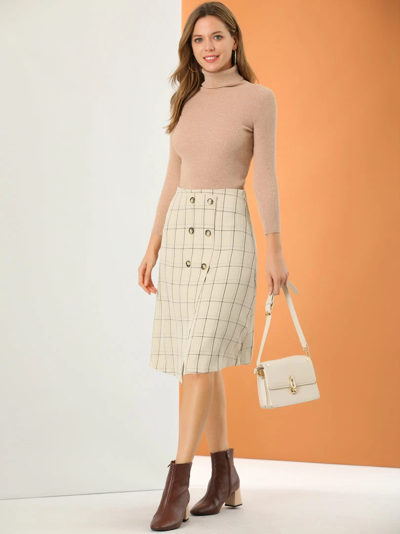 Allegra K Women's Plaid Vintage Faux Wrap Buttons Front Midi High Waist Skirt 6 Allegra K Women's Plaid Vintage Faux Wrap Buttons Front Midi High Waist Skirt