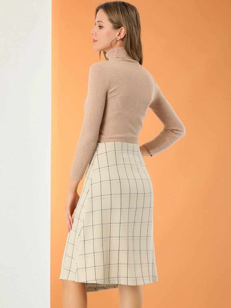 Allegra K Women's Plaid Vintage Faux Wrap Buttons Front Midi High Waist Skirt 7 Allegra K Women's Plaid Vintage Faux Wrap Buttons Front Midi High Waist Skirt