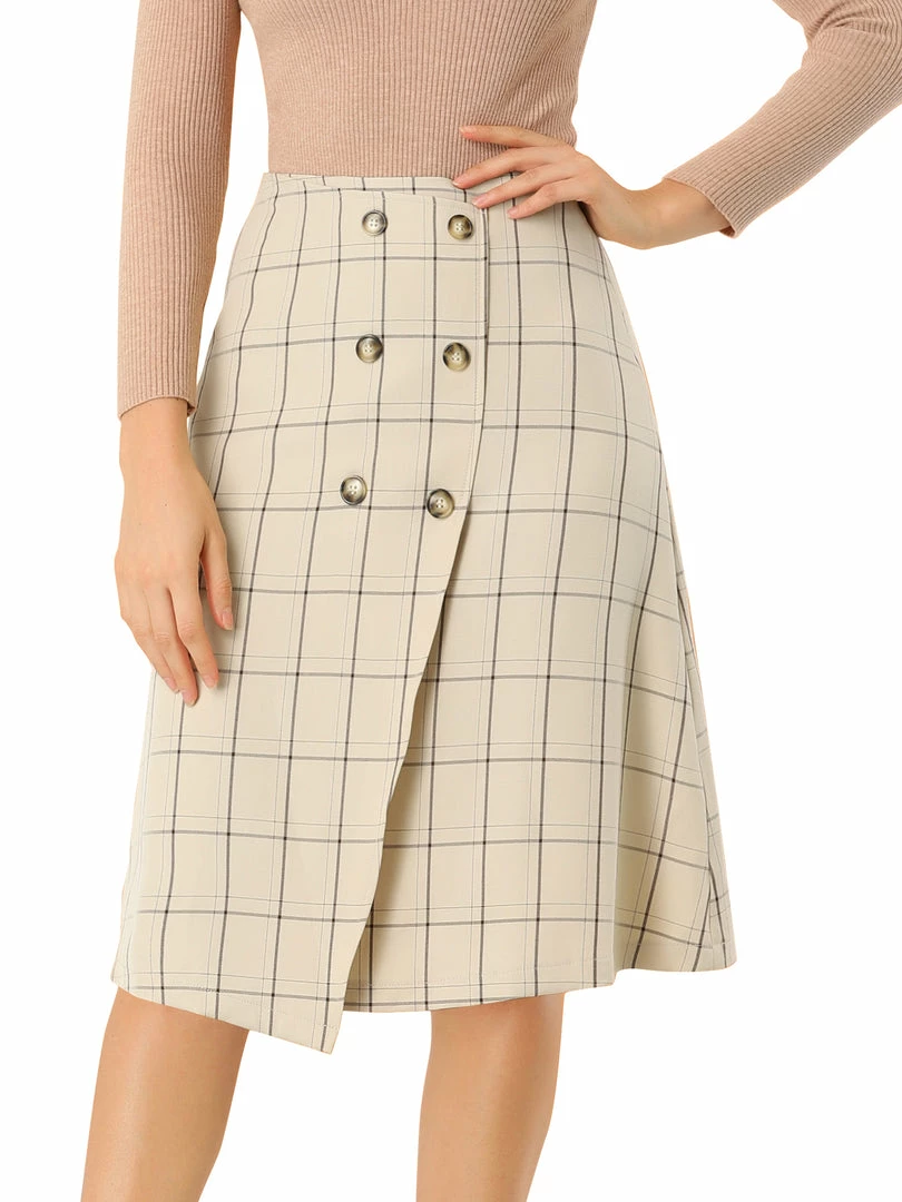 Allegra K Women's Plaid Vintage Faux Wrap Buttons Front Midi High Waist Skirt 4 Allegra K Women's Plaid Vintage Faux Wrap Buttons Front Midi High Waist Skirt