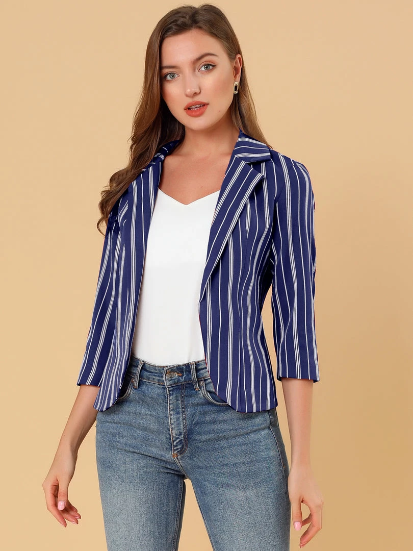 Allegra K Striped 3/4 Sleeves Open Front Notched Lapel Blazer Women 42 Allegra K Striped 3/4 Sleeves Open Front Notched Lapel Blazer Women