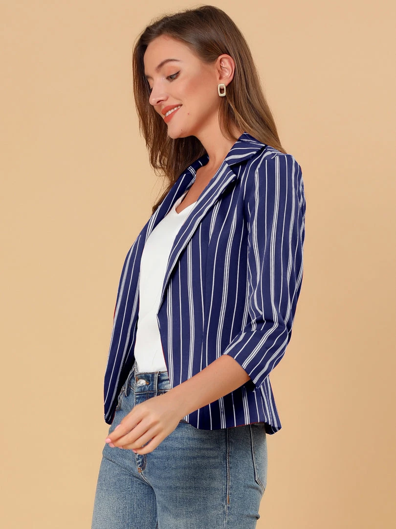 Allegra K Striped 3/4 Sleeves Open Front Notched Lapel Blazer Women 43 Allegra K Striped 3/4 Sleeves Open Front Notched Lapel Blazer Women