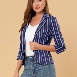 Allegra K Striped 3/4 Sleeves Open Front Notched Lapel Blazer Women 99 Allegra K Striped 3/4 Sleeves Open Front Notched Lapel Blazer Women