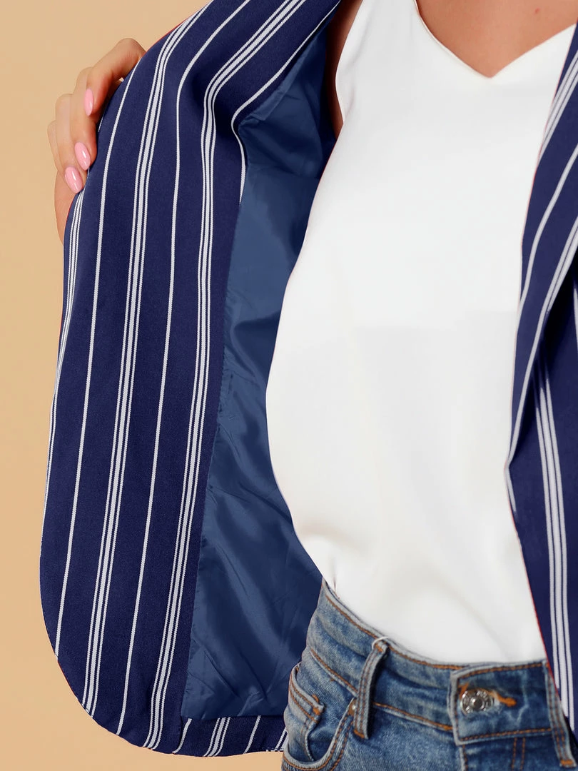 Allegra K Striped 3/4 Sleeves Open Front Notched Lapel Blazer Women 46 Allegra K Striped 3/4 Sleeves Open Front Notched Lapel Blazer Women