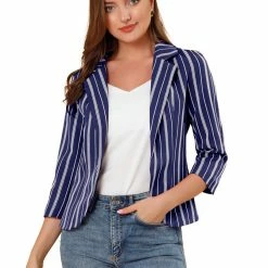 Allegra K Striped 3/4 Sleeves Open Front Notched Lapel Blazer Women 96 Allegra K Striped 3/4 Sleeves Open Front Notched Lapel Blazer Women