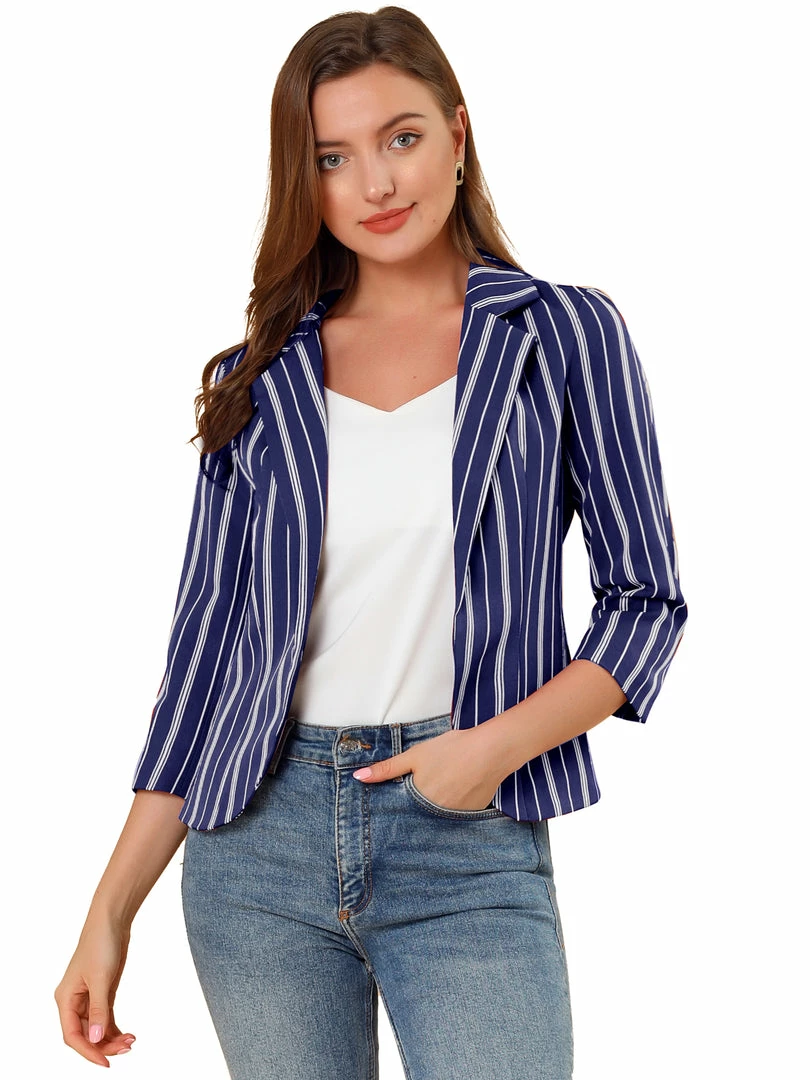 Allegra K Striped 3/4 Sleeves Open Front Notched Lapel Blazer Women 41 Allegra K Striped 3/4 Sleeves Open Front Notched Lapel Blazer Women