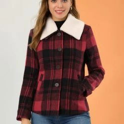 Allegra K Women's Winter Detachable Collared Button Pockets Check Plaid Coat 11 Allegra K Women's Winter Detachable Collared Button Pockets Check Plaid Coat