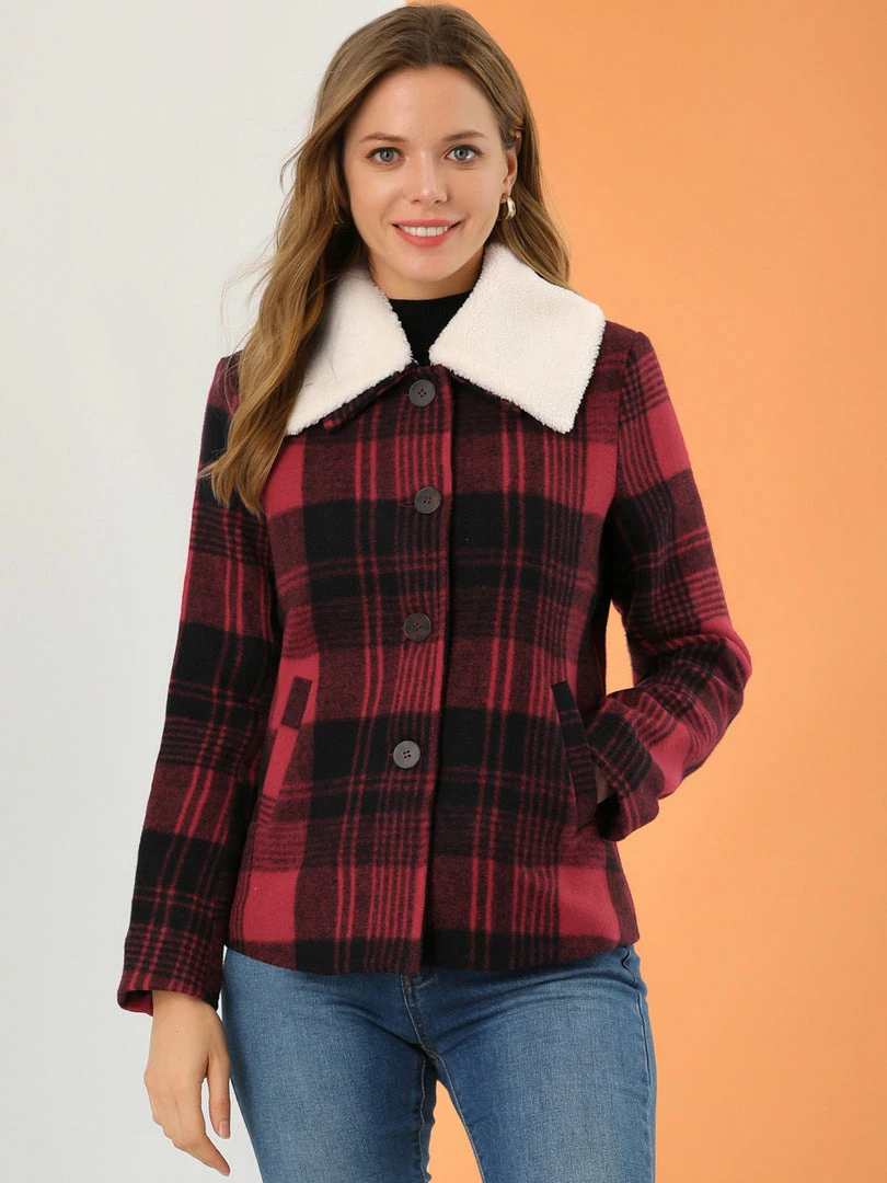 Allegra K Women's Winter Detachable Collared Button Pockets Check Plaid Coat 5 Allegra K Women's Winter Detachable Collared Button Pockets Check Plaid Coat