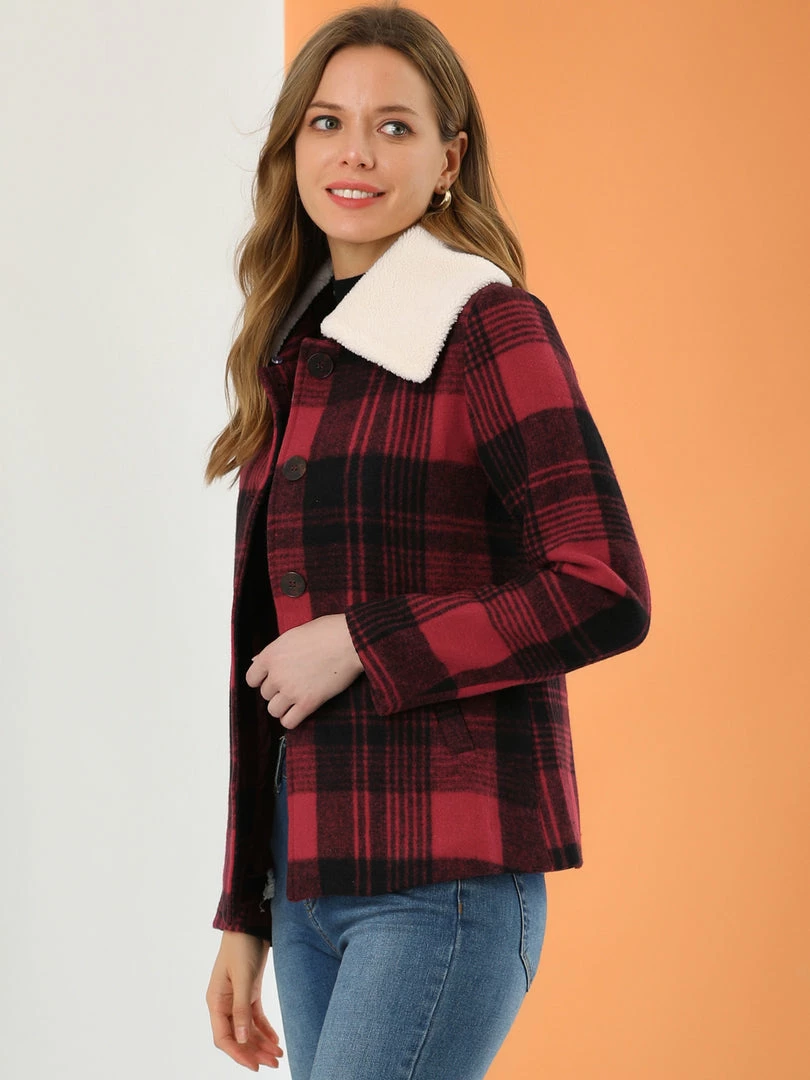 Allegra K Women's Winter Detachable Collared Button Pockets Check Plaid Coat 7 Allegra K Women's Winter Detachable Collared Button Pockets Check Plaid Coat