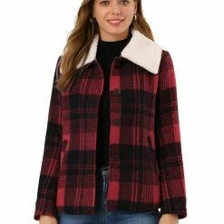Allegra K Women's Winter Detachable Collared Button Pockets Check Plaid Coat