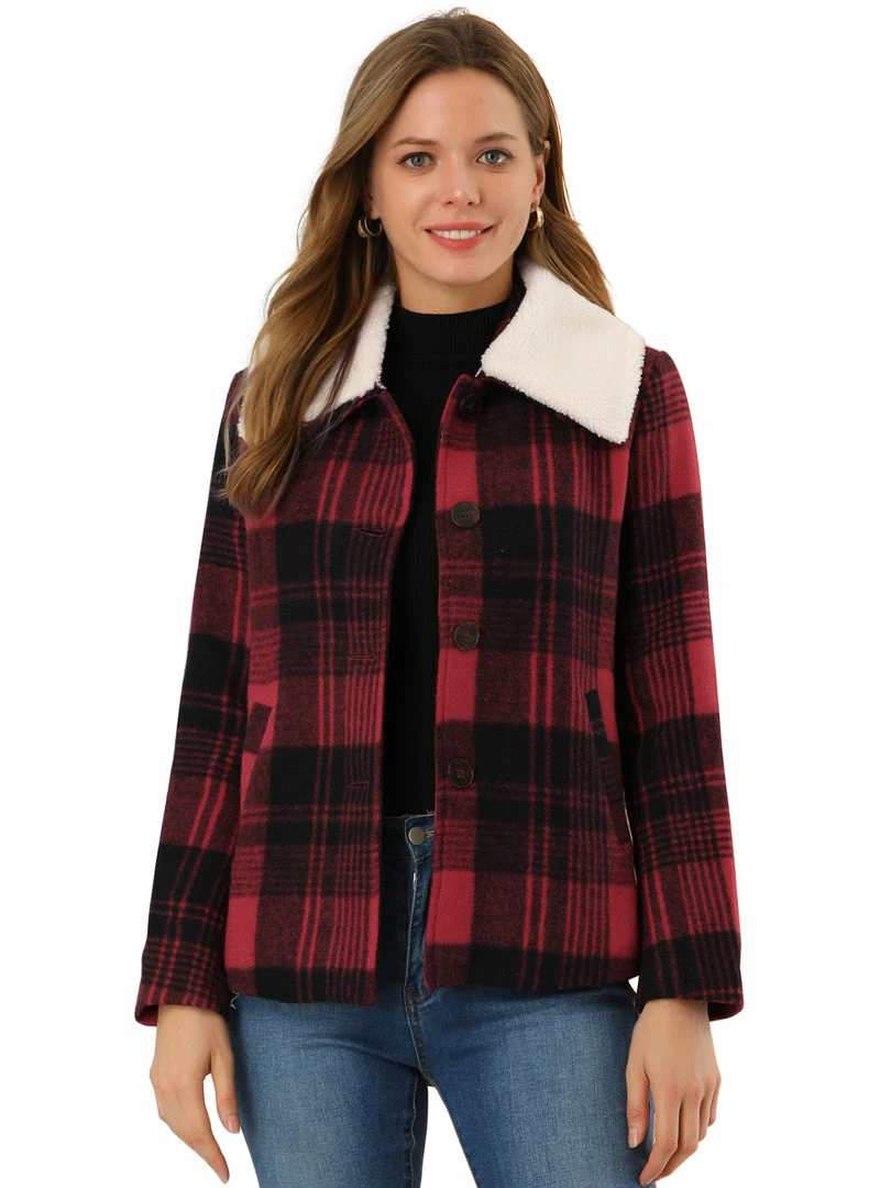 Allegra K Women's Winter Detachable Collared Button Pockets Check Plaid Coat 4 Allegra K Women's Winter Detachable Collared Button Pockets Check Plaid Coat
