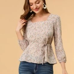 Allegra K Floral Print Square Neck Long Sleeves Tie Waist Blouse Women