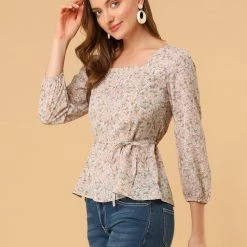 Allegra K Floral Print Square Neck Long Sleeves Tie Waist Blouse Women