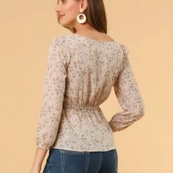 Allegra K Floral Print Square Neck Long Sleeves Tie Waist Blouse Women