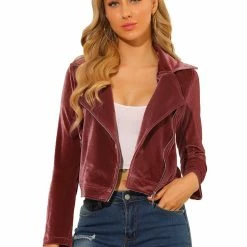 Allegra K Women's Velvet Zipper Lapel Collar Moto Biker Jacket 10 Allegra K Women's Velvet Zipper Lapel Collar Moto Biker Jacket