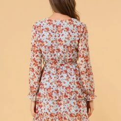 Allegra K Women's Casual Long Sleeve V Neck Elastic Waist Ruffle Hem A Line Floral Dress With Belt