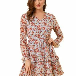 Allegra K Women's Casual Long Sleeve V Neck Elastic Waist Ruffle Hem A Line Floral Dress With Belt
