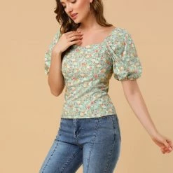 Allegra K Women‘s Prairie Puff Sleeve Sweetheart Neck Peasant Smocked Floral Tops