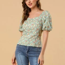 Allegra K Women‘s Prairie Puff Sleeve Sweetheart Neck Peasant Smocked Floral Tops