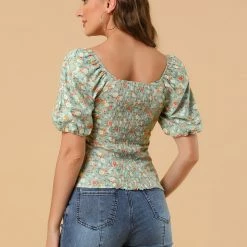 Allegra K Women‘s Prairie Puff Sleeve Sweetheart Neck Peasant Smocked Floral Tops