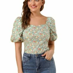 Allegra K Women‘s Prairie Puff Sleeve Sweetheart Neck Peasant Smocked Floral Tops
