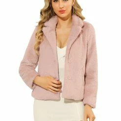 Allegra K Women's Glittery Faux Fur Coat Notched Lapel Short Fluffy Jacket