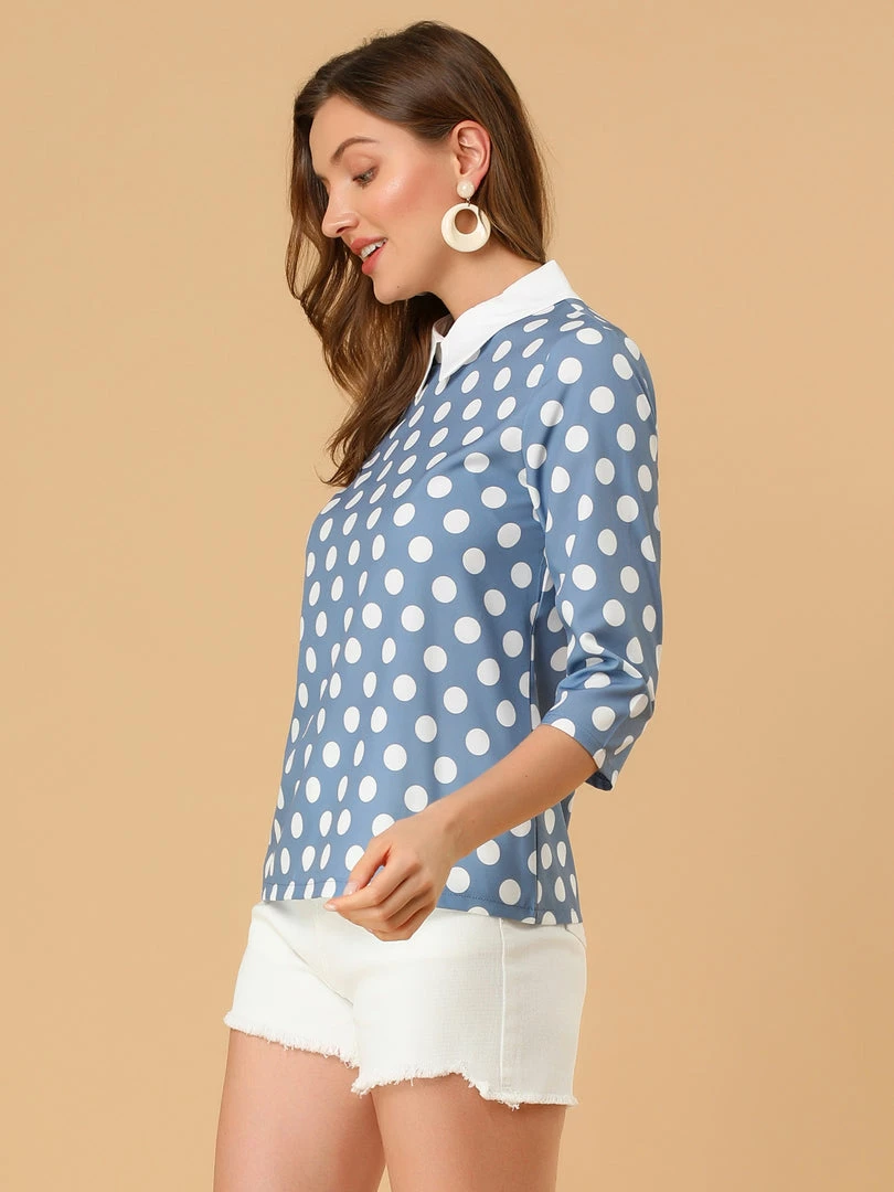 Allegra K Women 3/4 Sleeves Contrast Collar Polka Dots Blouse Tops 60 Allegra K Women 3/4 Sleeves Contrast Collar Polka Dots Blouse Tops