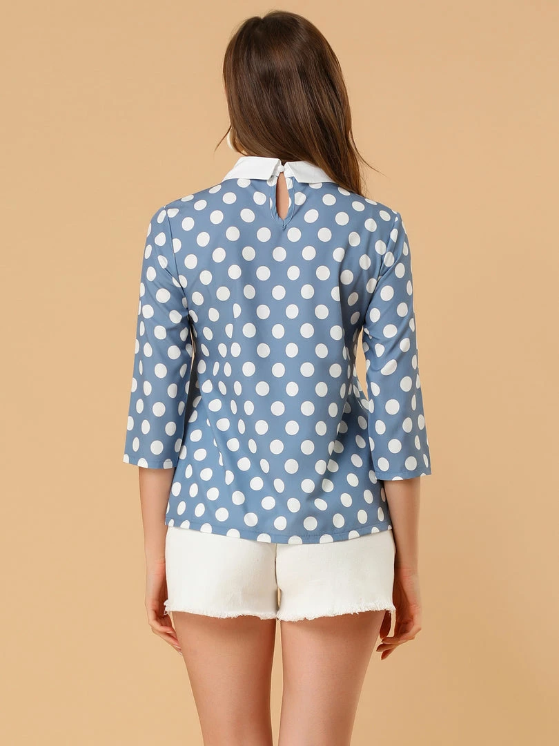 Allegra K Women 3/4 Sleeves Contrast Collar Polka Dots Blouse Tops 61 Allegra K Women 3/4 Sleeves Contrast Collar Polka Dots Blouse Tops