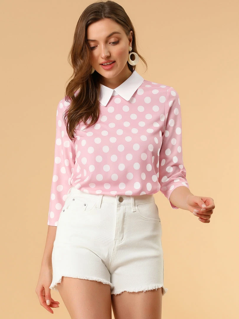 Allegra K Women 3/4 Sleeves Contrast Collar Polka Dots Blouse Tops 65 Allegra K Women 3/4 Sleeves Contrast Collar Polka Dots Blouse Tops