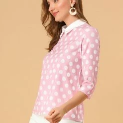 Allegra K Women 3/4 Sleeves Contrast Collar Polka Dots Blouse Tops 131 Allegra K Women 3/4 Sleeves Contrast Collar Polka Dots Blouse Tops