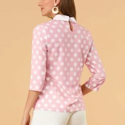Allegra K Women 3/4 Sleeves Contrast Collar Polka Dots Blouse Tops 132 Allegra K Women 3/4 Sleeves Contrast Collar Polka Dots Blouse Tops