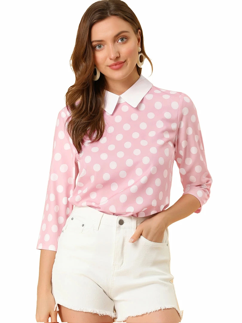 Allegra K Women 3/4 Sleeves Contrast Collar Polka Dots Blouse Tops 63 Allegra K Women 3/4 Sleeves Contrast Collar Polka Dots Blouse Tops