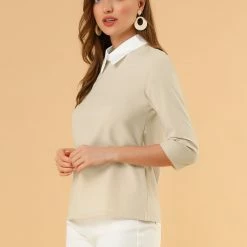 Allegra K Women 3/4 Sleeves Contrast Collar Blouse Tops
