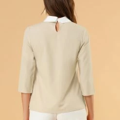Allegra K Women 3/4 Sleeves Contrast Collar Blouse Tops