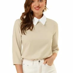 Allegra K Women 3/4 Sleeves Contrast Collar Blouse Tops