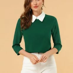 Allegra K Women 3/4 Sleeves Contrast Collar Blouse Tops