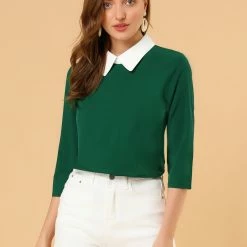 Allegra K Women 3/4 Sleeves Contrast Collar Blouse Tops