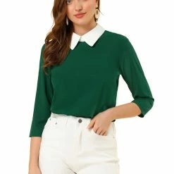 Allegra K Women 3/4 Sleeves Contrast Collar Blouse Tops