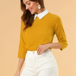 Allegra K Women 3/4 Sleeves Contrast Collar Blouse Tops