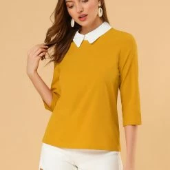 Allegra K Women 3/4 Sleeves Contrast Collar Blouse Tops