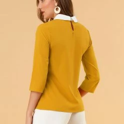 Allegra K Women 3/4 Sleeves Contrast Collar Blouse Tops