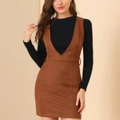 Allegra K Women's Retro Overalls Suspenders Belted V Neck Faux Suede Pinafore Dress