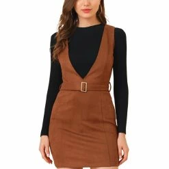 Allegra K Women's Retro Overalls Suspenders Belted V Neck Faux Suede Pinafore Dress