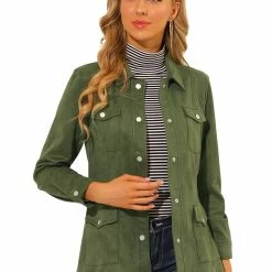 Allegra K Women's Faux Suede Jacket Turn-Down Collar Flap Pockets Button Down Moto Biker Coat